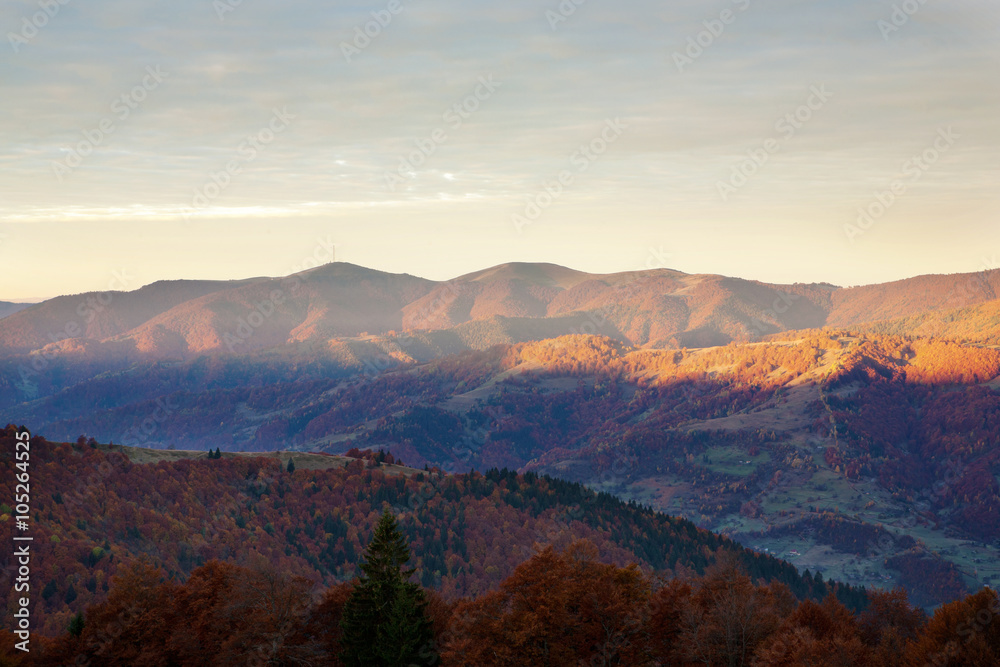 Sunrise in Carpathian Mountains in autumn