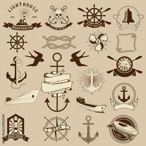 Set of the nautical emblems and design elements. photo