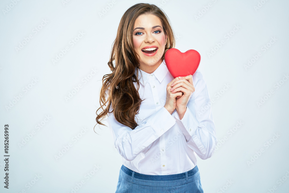 Happy woman hold red heart. Long curly hair. Beautiful female m