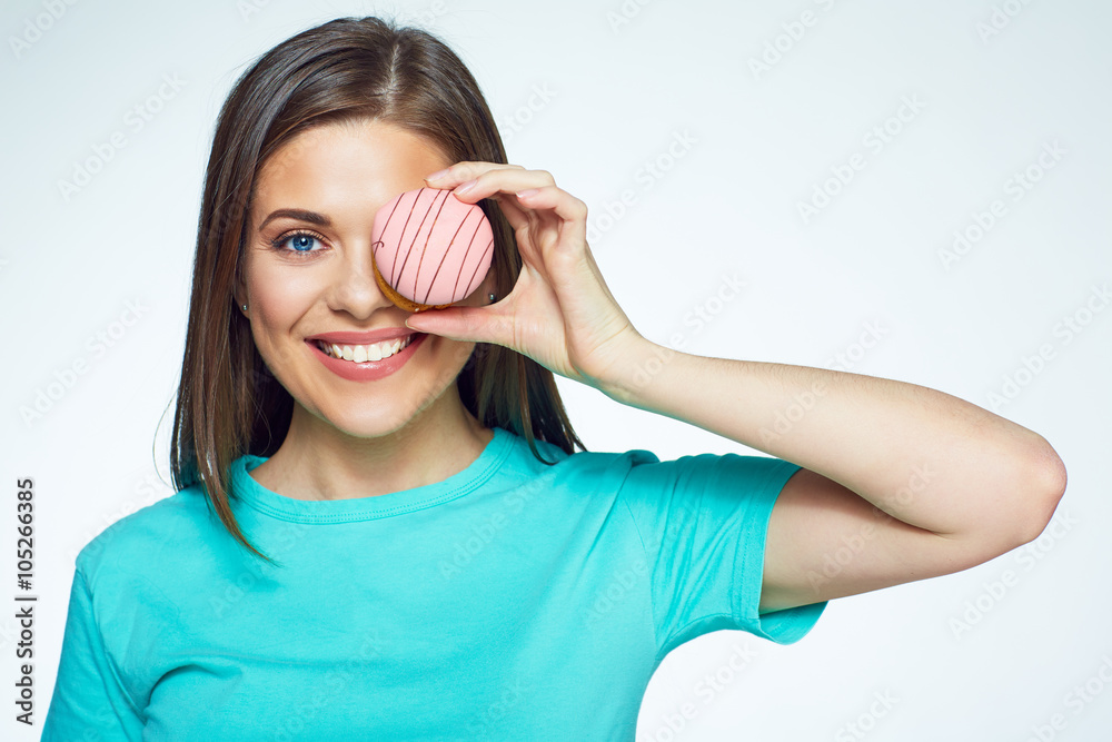Young woman isolated portrait with cake.