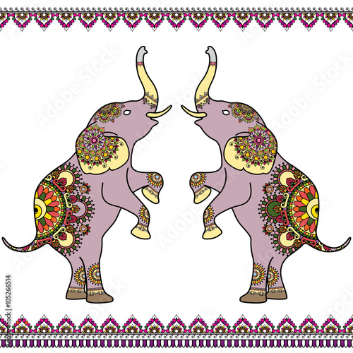 Color two elephants with border elements in ethnic Indian mehndi henna style. Vector color illustration isolated on white background