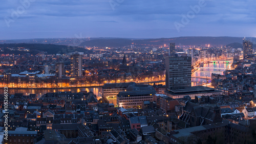 Panorama evening view of the city Liege in belgium from montagne de beuren.