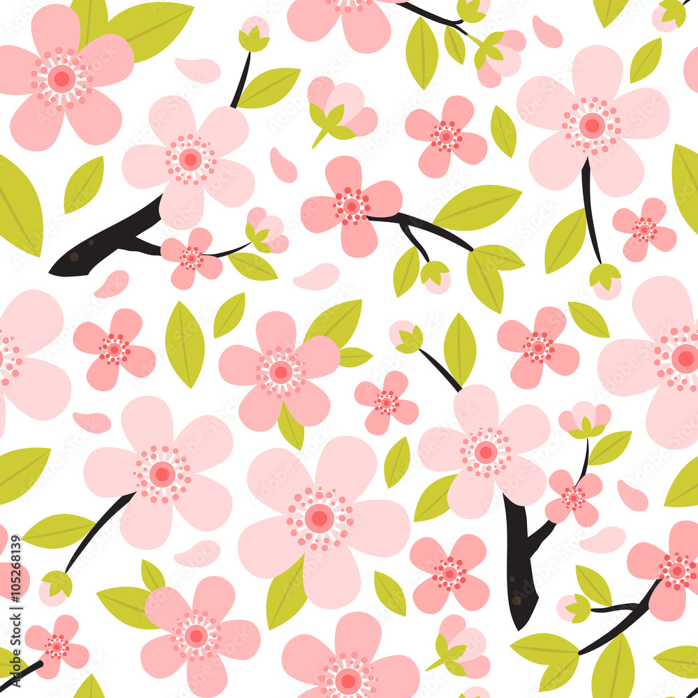Fototapeta premium seamless pattern from peach or cherry blossom tree branch with flowers. Vector illustration