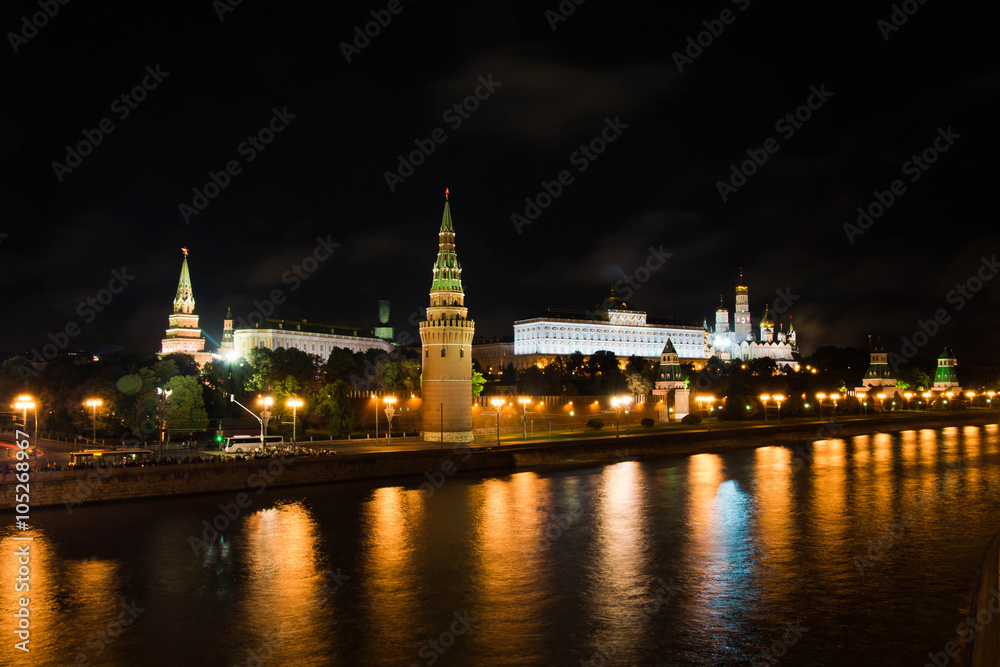 Kremlin over the river at night