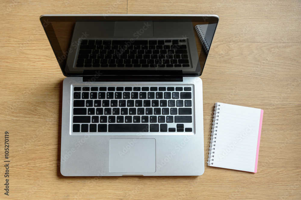 Wood office table with laptop and notebook. Top view with copy s Wood office table with laptop and notebook. Top view with copy s