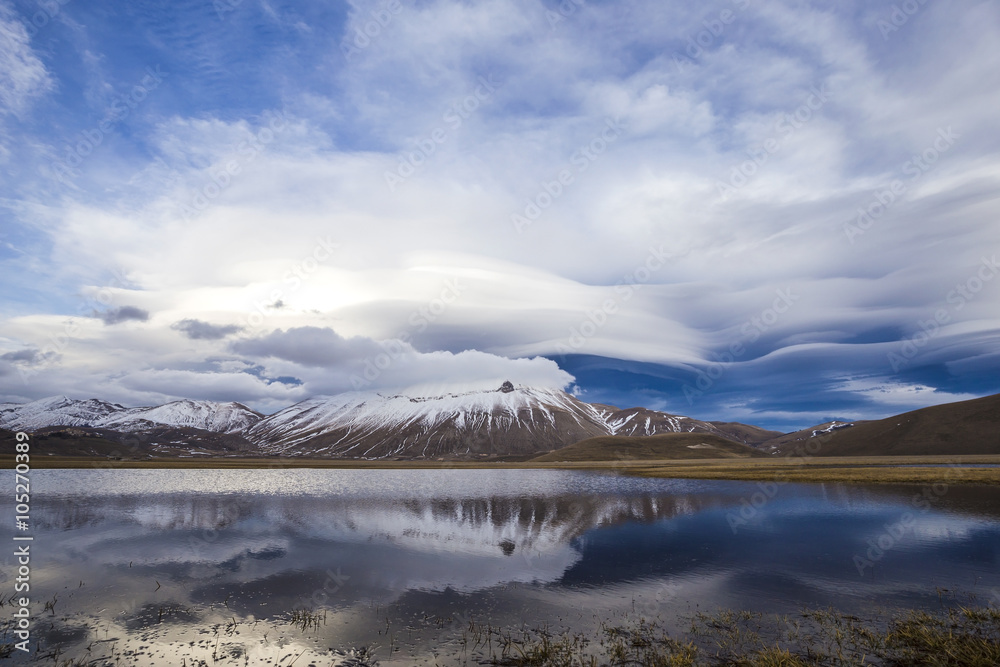 Castelluccio of Norcia and Mount Vettore in winter in Italy Castelluccio of Norcia and Mount Vettore in winter in Italy