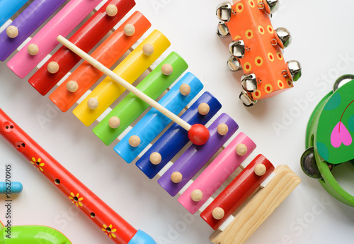 Musical instruments collection on white background. Top view