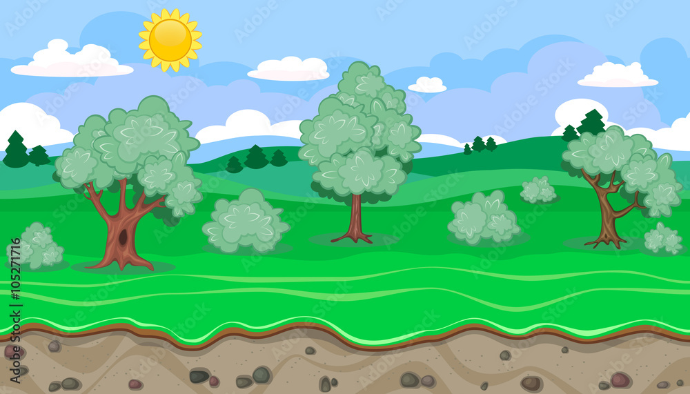Obraz premium Seamless editable green rural landscape for game design
