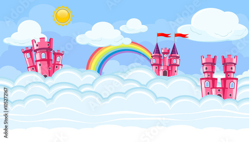 Seamless editable celestial cloudscape with pink castles for game design