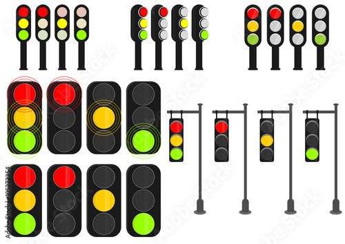 Set of cartoon traffic lights on a white background. Vector