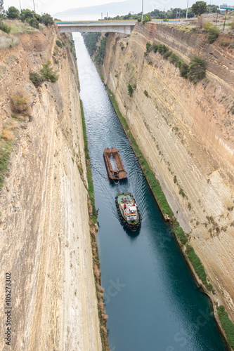 Boat crossing the Corinth channel in Peloponnese Greece
