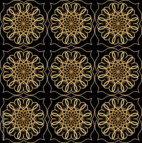 Luxury elegant background with golden filigree circular lace patterns on black background, embossed ornament in antiquarian style