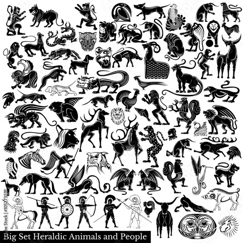 Big set of silhouettes of animals birds and wariors. Heraldic element