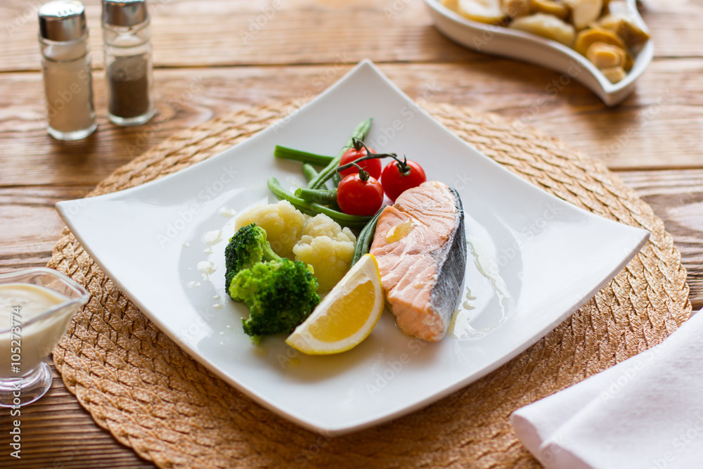 Salmon steak and vegetables. Lenten healthy food.