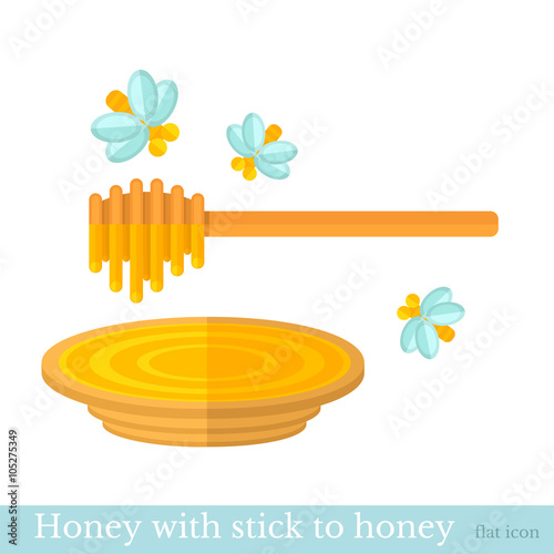 flat icon stick to honey with plate and bees