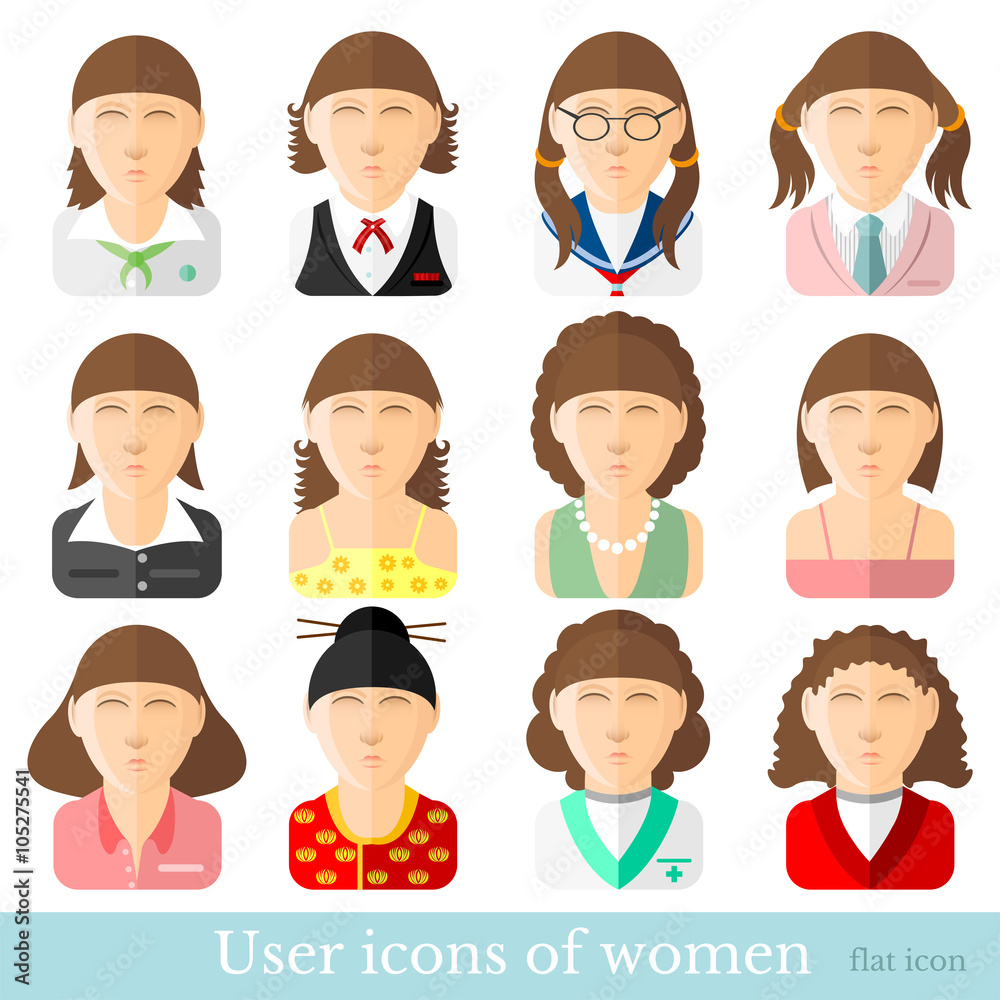 Set of women icons in flat style. Different occupations age and style Set of women icons in flat style. Different occupations age and style