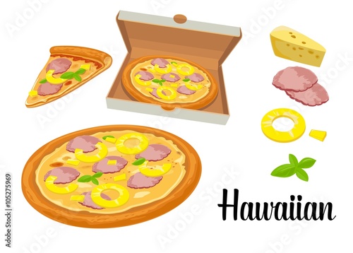 Whole pizza and slices of pizza Hawaiian in open white box. Isolated vector flat illustration on white background. For poster, menus, logotype, brochure, web, delivery business, food box and icon.
