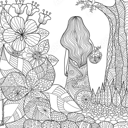 girl in the garden whimsical line art for coloring book for adult