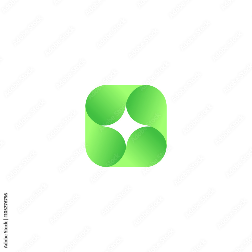 Abstract vector red isolated logo. Icon design shape spiral sign. Green color star. Square, geometric shape.