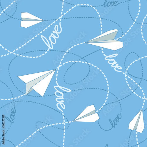 Paper Planes with Tangled Lines Seamless Pattern. Repeating abstract background with paper planes and dashed tangled lines.