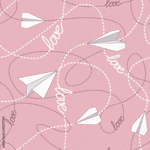 Paper Planes with Tangled Lines Seamless Pattern. Repeating abstract background with paper planes and dashed tangled lines.