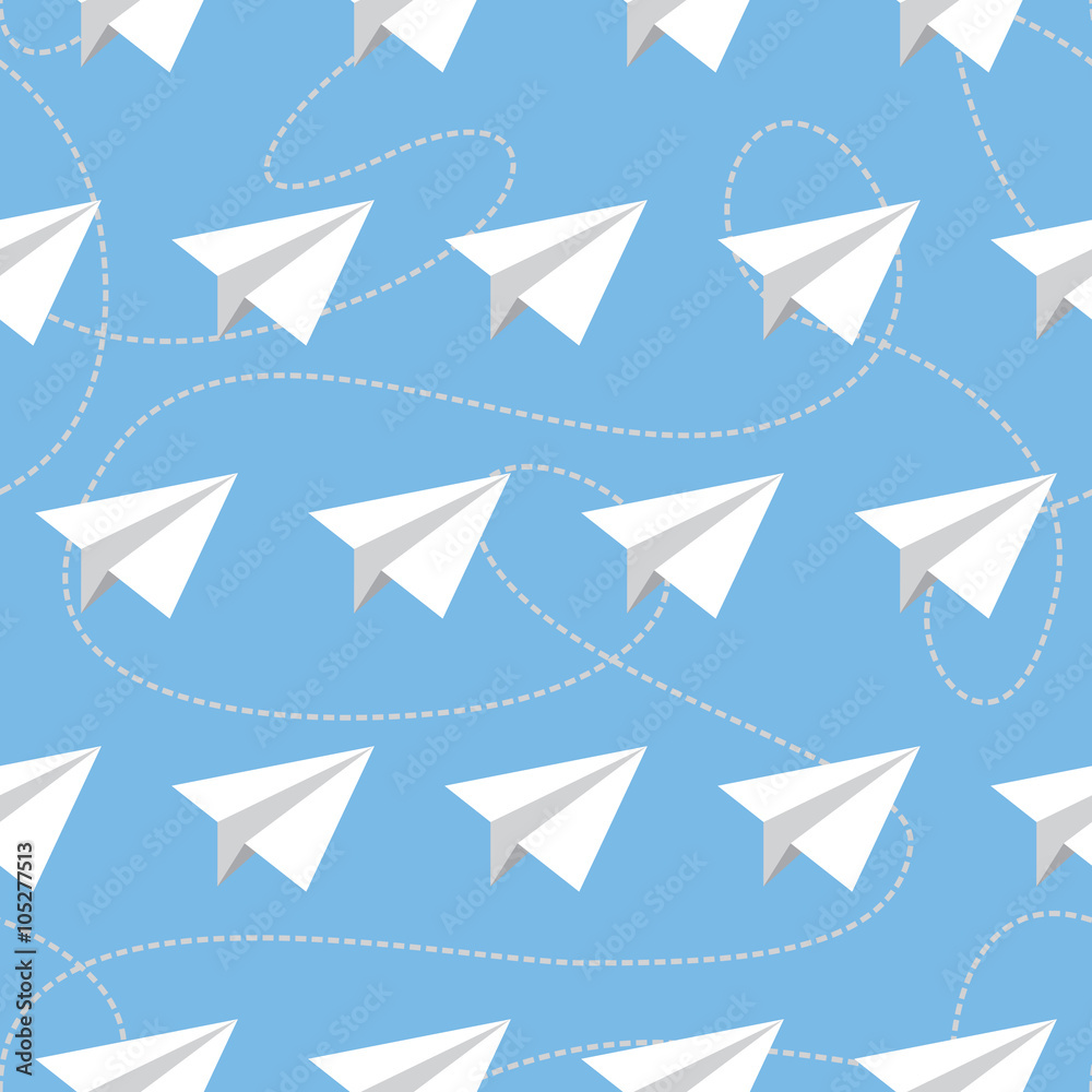 Paper Planes with Tangled Lines Seamless Pattern. Repeating abstract background with paper planes and dashed tangled lines. Paper Planes with Tangled Lines Seamless Pattern. Repeating abstract background with paper planes and dashed tangled lines.