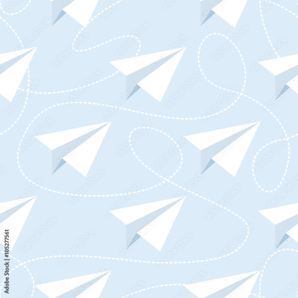 Paper Planes with Tangled Lines Seamless Pattern. Repeating abstract background with paper planes and dashed tangled lines. Paper Planes with Tangled Lines Seamless Pattern. Repeating abstract background with paper planes and dashed tangled lines.