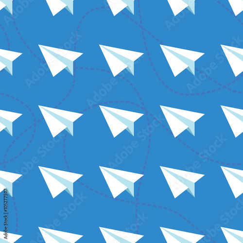 Paper Planes with Tangled Lines Seamless Pattern. Repeating abstract background with paper planes and dashed tangled lines.