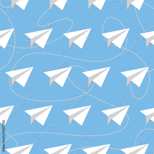 Paper Planes with Tangled Lines Seamless Pattern. Repeating abstract background with paper planes and dashed tangled lines.