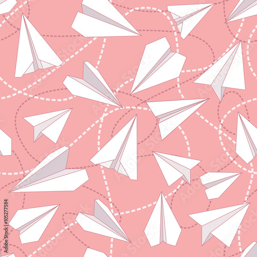 Paper Planes with Tangled Lines Seamless Pattern. Repeating abstract background with paper planes and dashed tangled lines.
