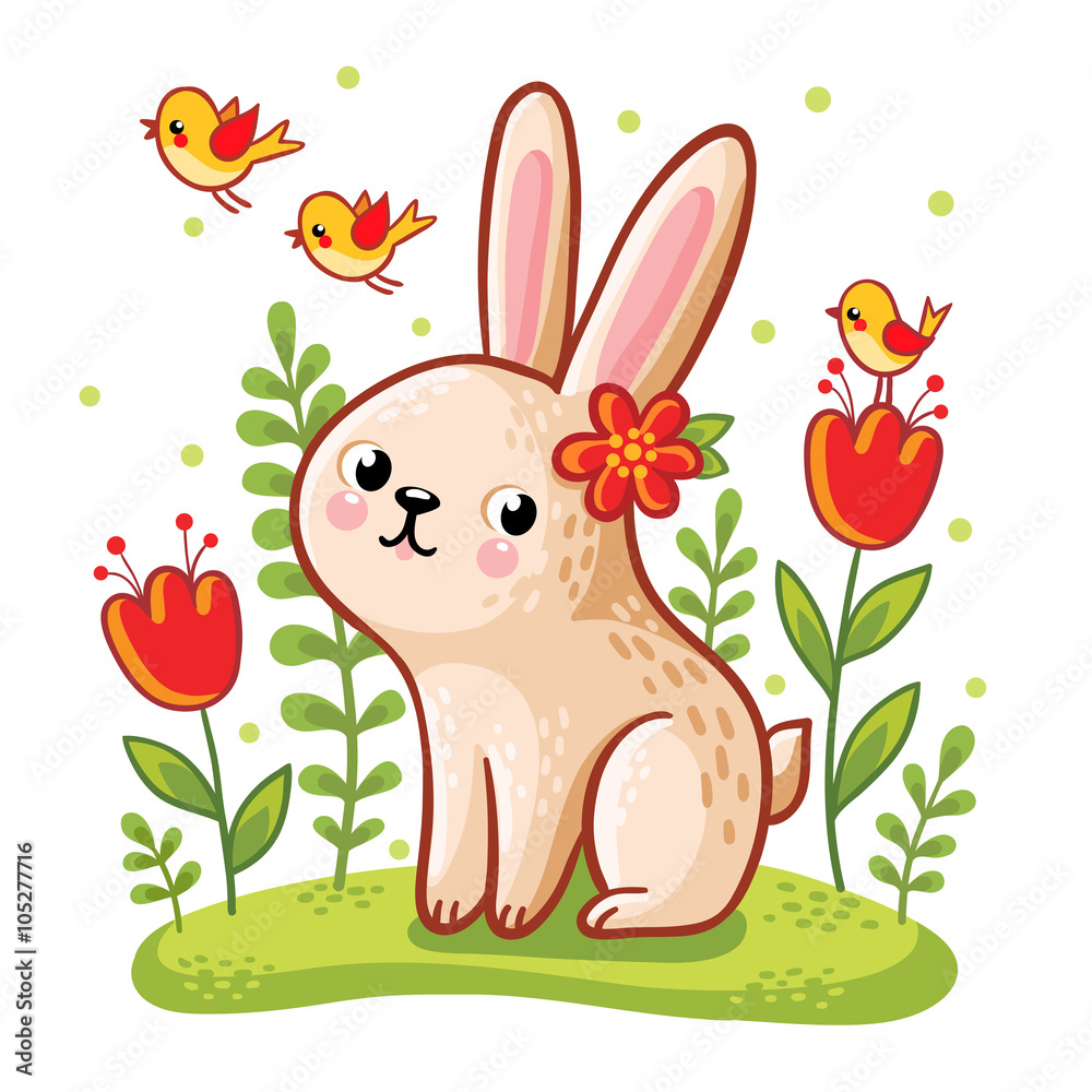 Fototapeta premium Vector illustration of a hare. Vector illustration of a hare on a floral lawn on a white background with birds.