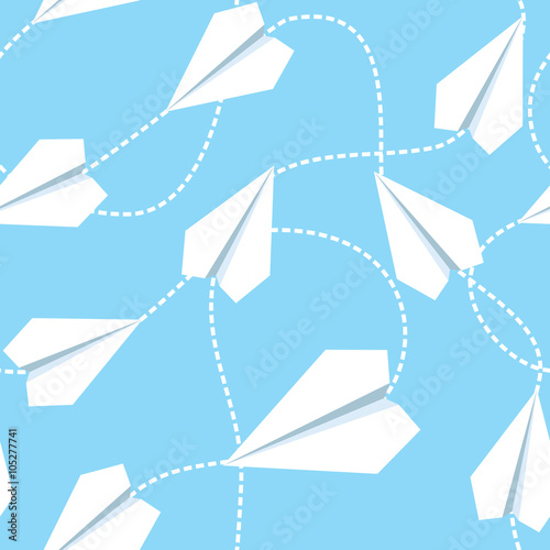 Paper Planes with Tangled Lines Seamless Pattern. Repeating abstract background with paper planes and dashed tangled lines.