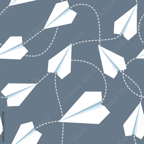 Paper Planes with Tangled Lines Seamless Pattern. Repeating abstract background with paper planes and dashed tangled lines.