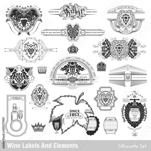 set of wine labels and elements. Isolated black on white