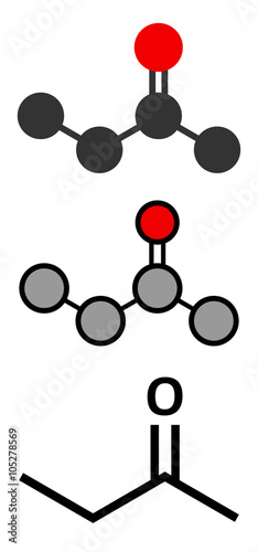 Butanone (methyl ethyl ketone, MEK) industrial solvent molecule.