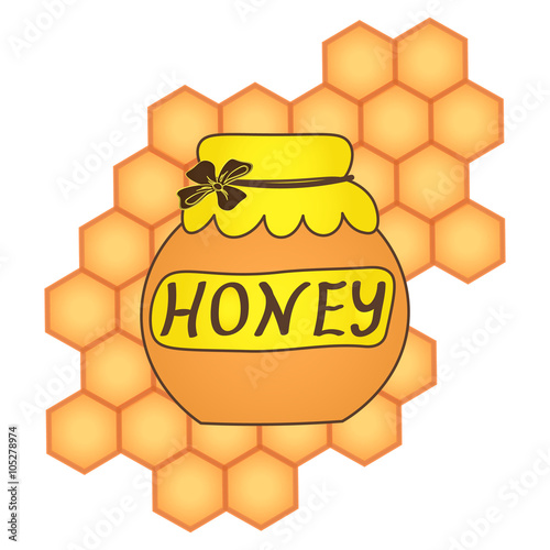 honey collection Organic product design. Vector cute hand drawing honey jar illustration on the background of honeycomb, Spa center design. icon, logo