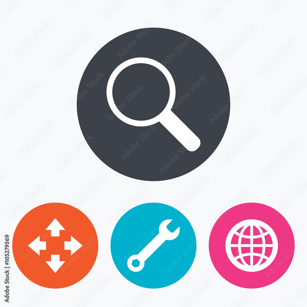 Magnifier glass and globe signs. Fullscreen. Magnifier glass and globe signs. Fullscreen.
