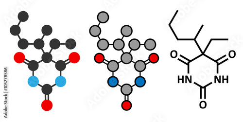 Pentobarbital (pentobarbitone) barbiturate sedative molecule.