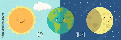 Cute smiling cartoon characters of Sun, Earth and Moon as Day and Night
