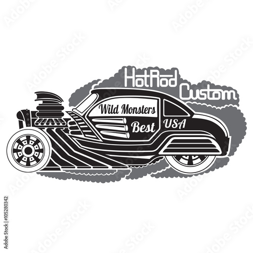 silhouette of hot rod car in smoke with wild monsters custom lettering