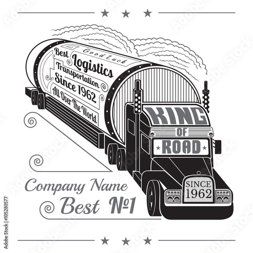 silhouette of truck with trailer of gas or oil and lettering king of road isolated on white
