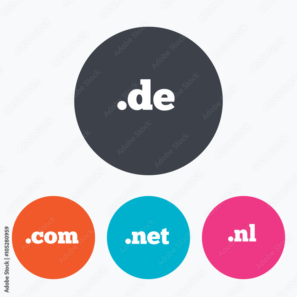 Top-level domains signs. De, Com, Net and Nl. Top-level domains signs. De, Com, Net and Nl.