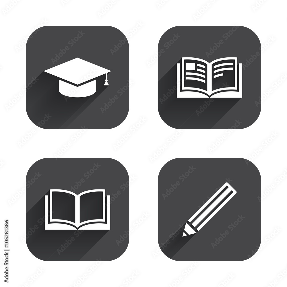 Pencil and open book signs. Graduation cap icon. Pencil and open book signs. Graduation cap icon.