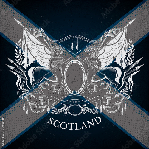 White Silhouette ofCoat of Arms With Centaurs and Vintage Weapons on Scotland Flag Background. Brand or T-shirt style