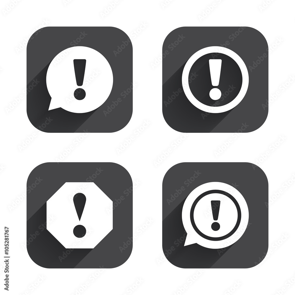 Attention icons. Exclamation speech bubble. Attention icons. Exclamation speech bubble.