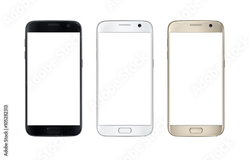 Modern smart phone in three color. White screen for mockup, isolated.