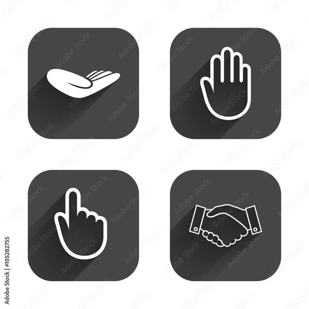 Hand icons. Handshake and click here symbols. Hand icons. Handshake and click here symbols.