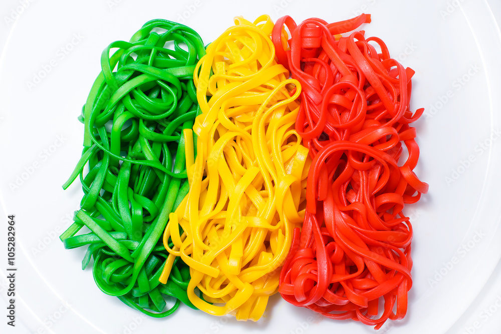 Italian tricolor made of pasta. spaghetti in Italian flag colors on a