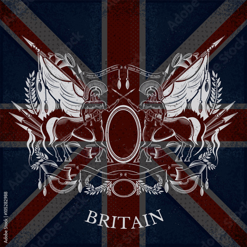 White Silhouette ofCoat of Arms With Centaurs and Vintage Weapons on Britain Flag Background. Brand or T-shirt style