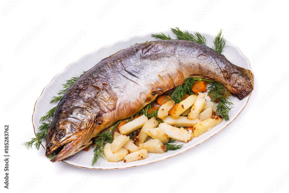 Baked fish with potato chips and dill on white background Baked fish with potato chips and dill on white background